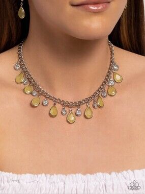 Yellow Teardrop Charm Necklace and Earring Set
